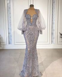 Mermaid Lace Evening Dresses Beaded Long Sleeve Prom Dress Appliqued Formal Party Gowns Pageant Wear Custom Made Vestido De Novia 0518