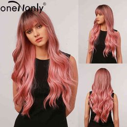 Hair Synthetic Wigs Cosplay Onenonly Long Body Wave Ombre Brown Pink Synthetic Wigs with Bangs Natural for Women Cosplay Wig Heat Resistant 220225