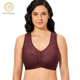 Delimira Women's Front Closure Full Figure Wirefree Racerback Lace Plus Size Bra 220519