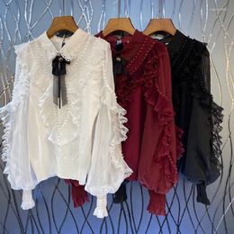 Women's Sweaters High Quality Brand & Pullovers 2022 Autumn Winter Tops Women Bow Deco Beading Ruffle Long Sleeve White Red Black Jumper