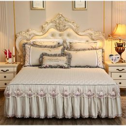 Beige Microfiber Fabric Princess Lace Bedspread Bed Skirt With Cotton Warm Thick Bedding Bed Cover Pillowcase Queen King Size 220623