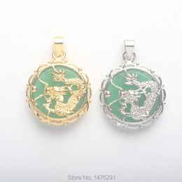 Pendant Necklaces Superb 19X19MM Inlaid Oblate Imitation Green Jades Stone Hollow Cutting Cameo Dragon 1PCSPendant