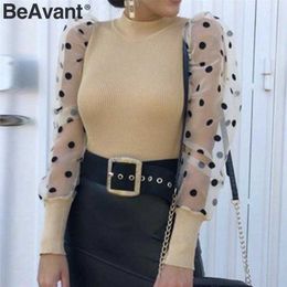 BeAvant Patchwork polka dot knitted blouse women Elegant autumn winter female tops shirt Party club slim puff sleeve ladies tops 210709