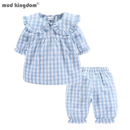Mudkingdom Summer Pajamas for Girls Plaid PJS Cute Jammies Set Big Girl Peter Pan Collar Toddler Homewear Kids Sleepwear 220706