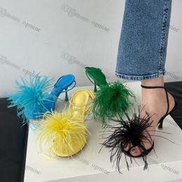 2022 Designer Woman Robe Shoe Green Ostrich Feather Dot fil Sparkle Sandals Sandales High Heels Fourn Fashion Fashion Mesh Mesh Square Toe Sandale 35-42 55 mm