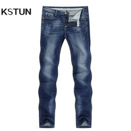 KSTUN Men Jeans Famous Brand Slim Straight Business Casual Dark Blue Thin Elasticity Cotton Denim Pants Trousers pantalon 210318