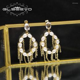 Dangle & Chandelier Glseevo 925 Silver Earrings Natural Pearl Crystal Aesthetic Hanging Chain Round Luxury Wedding Party Jewelery GE1138Dang