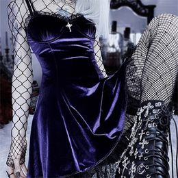 InsGoth Goth Cross Sexy Purple Dress Vintage Velvet A Line Lolita Aesthetic Gothic High Waist Ladies Club Party es 220521