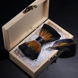Bow Ties Original Design Black Yellow Bird Feather Tie Handmade Bowtie Brooch Gift Wooden Box Combo For Men Wedding PartyBow
