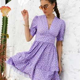 Purple v-neck polka-dot women Short Dress Casual Puff sleeve A-line High Waist Sundress Sexy Summer Outfit Vestidos 220511