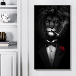 Smoking Lion Wear Suit Print Canvas Paintings Creativity Animal Wall Art Poster and Prints Aisle Living Room Decorative Pictures