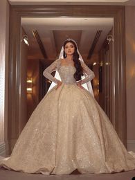 Elegant Ball Gown Wedding Dresses A-Line Long Sleeves Sequins Beads Organza Bodice Bridal Gowns Chic Dubai Custom Made Vestidos De Novia