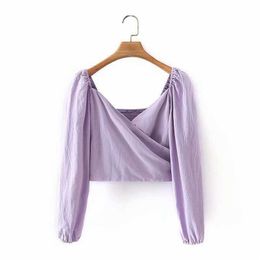 Hsa Women Summer Top Long Sleeve Ruffle Vintage Blouse With Puff Sleeves Lace Up Ladies Tops Bandage Crop Tops Purple Shirt 210716