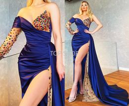 Sexy Luxurious Navy Blue Prom Dresses Beaded Crystals High Split Evening Formal Party Second Reception Gowns Dress