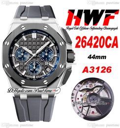 HWF 44mm 2642 A3126 Automatic Chronograph Mens Watch Steel Case Ceramics Bezel Grey Blue Textured Dial Silver Stick Markers Black Rubber Super Edition Puretime B2