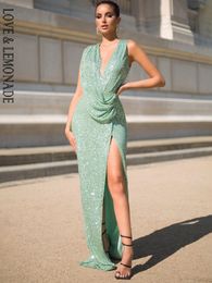 LOVELEMONADE Sexy Light Green Dark V-Neck Draped Elastic Band Sequins Cross Party Sleeveless Dress LM82188-1 220507