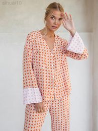 Hiloc Patchwork Print Nightwear Long Sleeve Pyjamas For Women Sets Womens Outfits 2022 Pyjamas V Neck Nightgown Loose Woman Clothes L220803