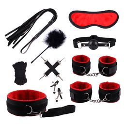 Bondage Plush Handcuffs sexy Products For Adults Games BDSM Constraint Ankle Cuffs Nipple Clamps Rope PU Whip Black 10pcs Set