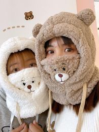 Beanie/Skull Caps Japanese Cute Cartoon Bear Ear Cap Hat Lamb Plush Warm Thickened Protection With Mask For Women GirlBeanie/Skull Wend22