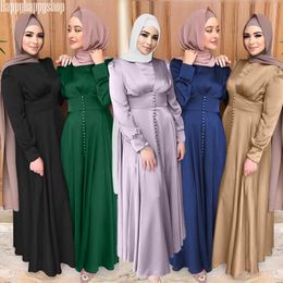beaded gowns dresses UK - Casual Dresses Women Muslim Dress Elegant Satin High Waist Beaded Long Sleeve Ramadan Abaya Solid Color Party Gown Female Vestidos