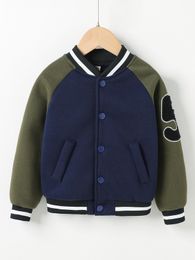 Toddler Boys Letter Patch Striped Trim Raglan Sleeve Bomber Jacket SHE