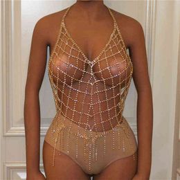 2022 Sequin Shiny Crystal Chain Tank Top Glitter Metal Mesh Halter Metallic Strap Crop Tops Vest Party Sexy Women Outfits T220816