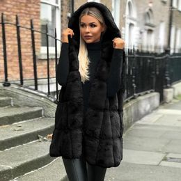 Women Winter Thicken Fur Waistcoat Vests Sleeveless Hooded Solid Color Plus Size Warm Long Wool Coat #381 Stra22