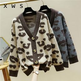 Women Fashion Long sleeve Sweater and Cardigans Open Stitch Leopard Casual Cardigans Oversized Knit Jacket Out Coat 201221