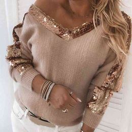 Autumn Winter Women Knitwear Pullover Sexy V Neck Long Sleeve Sweater Sequins One Shoulder Jumpers L220705