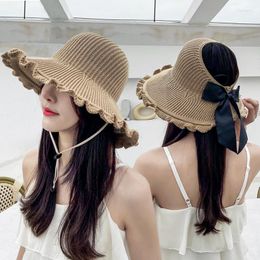 Wide Brim Hats Summer Bow Sun Straw Fashion Women With Big Uv Foldable Beach Cap Outdoor Wind Rope Hollow Top SunhatWide Wend22