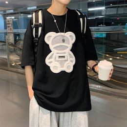 Privathinker Flock Printing Bear Men's T-shirt Short Sleeve Oversized Brand Male Tops Summer Casual Unisex Tees Korean Clothing 220504