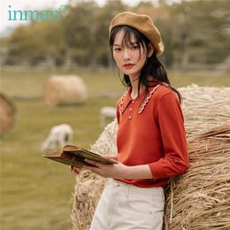 INMAN Autumn Arrival Fashion Preppy Style Lolita Ruffled Contrast Striped Lapel Seven-point Sleeves Sweater 201222