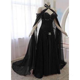 Vintage Medieval Corset Prom Dresses With Long Wrap Sweetheart Black A Line Renaissance Victorian Gothic Evening Dress Special Ocn Party Gown For Women