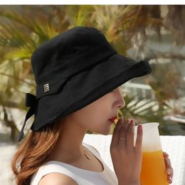 Women's Bow Panama Bucket Hat Summer Fashion Kpop Bob Cotton Black Beach Sun Hats Foldable Wide Brim AntiUV Fishing Cap 220525