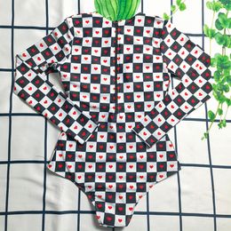long sleeve swimsuit with zipper UK - Long Sleeve Swimwear with Zipper Textile Plaid Printed Women Swimsuit Summer Letter Jumpsuit for Lady