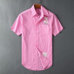 Men's Casual Shirts Men Oxford Embroidery Striped Pink Dandelion Cotton Shirt High Quality Pocket Short-sleeves Top M 2XL #M59Men's