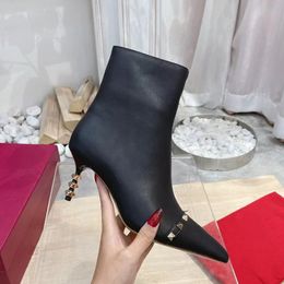 Cagole stud buckle embellished Lamb leather heeled Ankle boots side zip shoes pointed Toe stiletto heel booties Run way luxury designers shoe womenRiding Boots 2023