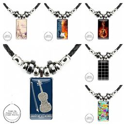 Pendant Necklaces For Men Women Gift Piano Guitar Music Glass Galaxy Black Hematite Necklace Steel Plated Jewelry