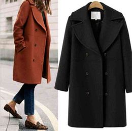 Elegant Double Breasted Long Ladies Coat oversized Outwear 2021 Winter Women Wool Coats Casual Effects Jackets Woollen Overcoat T220714