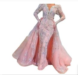 Pink Mermaid Evening Gowns Women Party Dress Full Lace Beading Feather Prom Dresses Long Sleeves High Neck Robe De