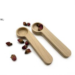 Design Wooden Coffee Scoop With Bag Clip Tablespoon Solid Beech Wood Measuring Tea Bean Spoons Clips Gift GCE13876