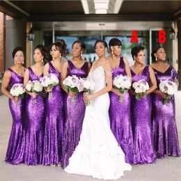 Sparkly Sequins Purple Bridesmaid Dresses Mermaid Short Sleeves V Neck Custom Made Floor Length Plus Size Maid Of Honor Gown Wedding Party Wear Vestido Estido
