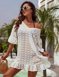 Women's Swimwear Fashion Women Swimsuit Cover-Ups White Turn-Down Collar/V-Neck Chiffon Bikini Beach Cover-Up Shirt Dress S-XLWomen's