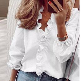 Blouse Shirts Office Lady Spring Summer Print Long Sleeve Ruffle Women Blouses Sexy V-neck pullover Tops 210303