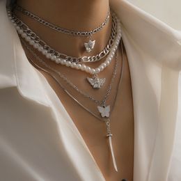 New 5 piece Set Of imitation Pearl Chain Pendant Angel Butterfly Sword Multilayer Necklace Punk Jewellery Party Gift Wholesale