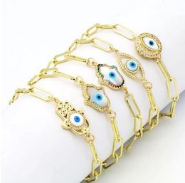 Gold Plated CZ Fatima Hand Evil Eye Charm Copper Chain Bracelet Hip hop Jewelry for Man Woman