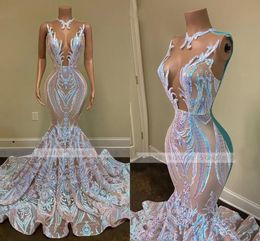 Prom Dresses Black Girls Sparkly Sequin Long Sweep Train 2022 Sexy sheer o Neck Mermaid African Women Gala Evening Party Gowns robes