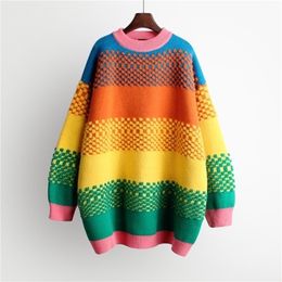 HSA pull femme nouveaute Women Warm Rainbow Sweater and Pullovers Coloful Striped Knitwear Long Oversized Pull Sweaters 201209