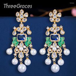 Dangle & Chandelier ThreeGraces Pearl Flower Leaf Royal Blue Cubic Zirconia Long Earrings For Women African Dubai Gold Bridal Jewellery ER375D