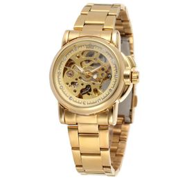 Wristwatches Luxury Gold Women Automatic Mechanical Watches Fashion Stainless Steel Clock Ladies Crystal Hollow Skeleton Watch SaatiWristwat